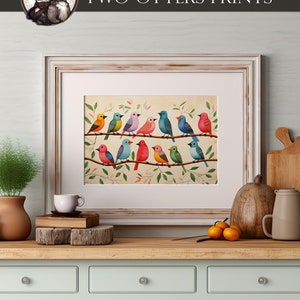 Impresión de arte de pájaros coloridos en ramas / Ilustración encantadora de pájaros primaverales / Pequeños pájaros cantores