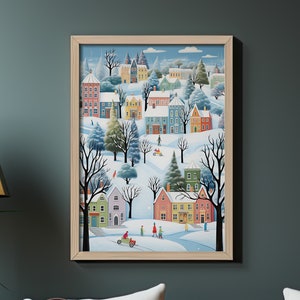 Snowy Village Pastel Art Print | Colorful Folk Art Illustration | Charming and Cheerful