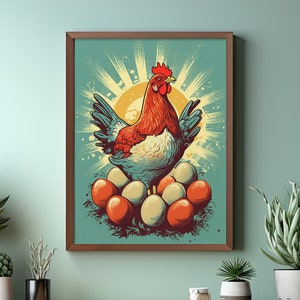 Retro Chicken with Eggs Art Print | Vintage Style Ad Poster