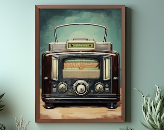 Illustrated Radio Art Print | Rustic Futurism Decor | Midcentury Modern | Vintage Echoes: Gift for Music Lovers and Radio Enthusiasts