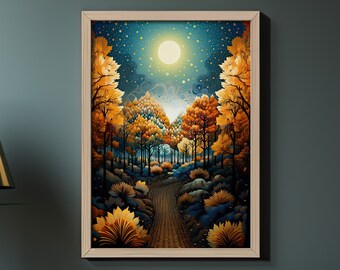 Könnte beinhalten: Ein digitaler Kunstdruck eines mondbeschienenen Waldweges mit einem Vollmond am Himmel. Die Bäume sind eine Mischung aus Gold und Blau, und der Weg ist mit goldenen Blättern gesäumt. Der Druck ist in einem hellen Holzrahmen gerahmt.