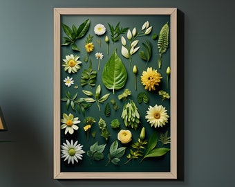 Green Wildflowers Art Print - Flat Lay Knolling Design