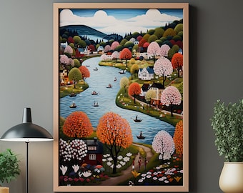 Könnte beinhalten: Ein Gemälde, das einen Fluss zeigt, der sich durch eine farbenfrohe Landschaft mit Häusern, Bäumen und Menschen in Booten schlängelt. Die Bäume blühen in rosa, weiß und orange. Der Fluss ist leuchtend blau und der Himmel ist hellblau mit weißen Wolken.