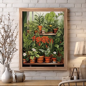 Peut inclure: Une illustration encadrée d'un rebord de fenêtre avec une variété de plantes en pot, dont une grande plante verte à fleurs rouges, une plante feuillue à fleurs blanches et plusieurs autres plantes vertes. Les plantes sont disposées en rangée sur une étagère en bois.