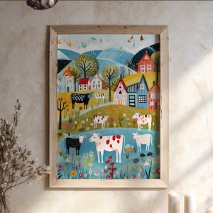 Small Town Folk Art Print with Cows and Houses