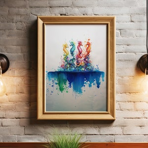 Impression d&#39;art minimaliste abstrait hippocampe arc-en-ciel | Impression peinture à l&#39;encre | Art mural symbolique