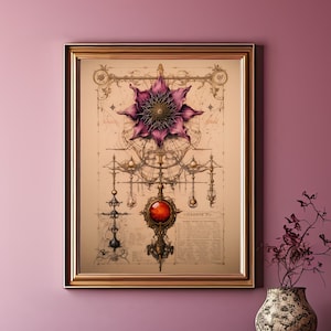 Mystical Purple Flower Art Print | Gothic Design on Alchemy Book Page