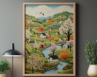 Rural Village Folk Art Illustration | Americana Spring Landscape | Riverside Blossoming Trees Poster