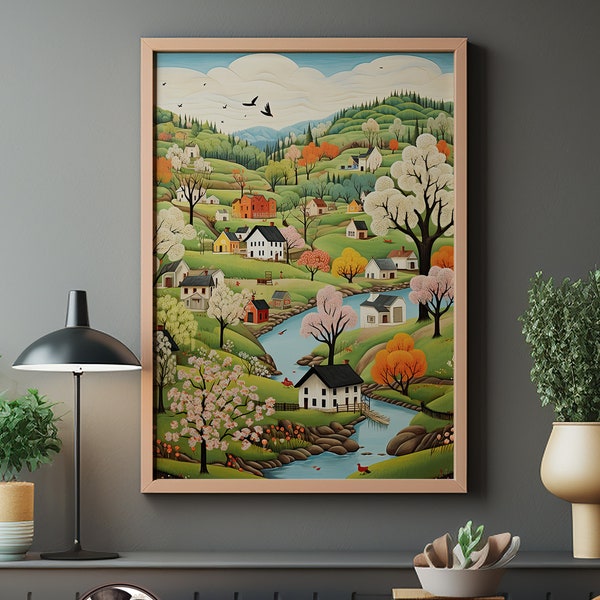 Rural Village Folk Art Illustration | Americana Spring Landscape | Riverside Blossoming Trees Poster