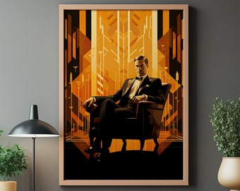 Art Deco Fine Art Print | Handsome Man | Suited Elegance in Cinematic Black & Amber | Men's Fashion of the 1920s