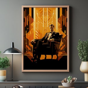 Art Deco Fine Art Print | Handsome Man | Suited Elegance in Cinematic Black & Amber | Men's Fashion of the 1920s