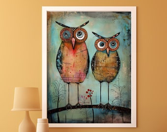 American Folk Art Owls Print | Naive Style Fine Art Poster