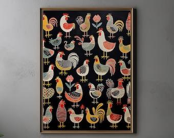 Impression d'art colorée de coq | Art populaire de ferme vintage