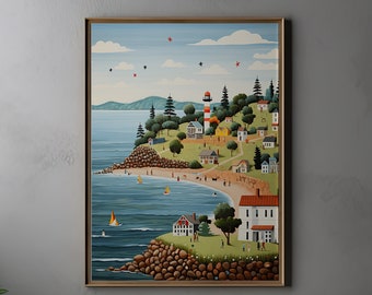 Seaside Village Art Print | Coastal Folk Art Illustration