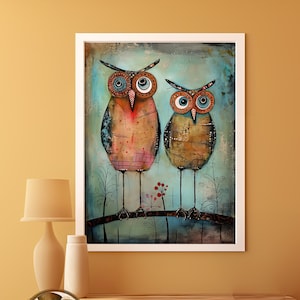 American Folk Art Owls Art Print | Charming Fine Art Poster | Naive Style Americana