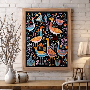 Goose Art Print | Folk Art Geese in Colorful Foliage | Country Living Style