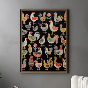 Colorful Rooster Art Print | Vibrant Farmhouse Folk Art Chickens | Nostalgic Fine Art Print