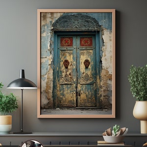 Rustic Painted Door Art Print | Mediterranean Inspired Ornate Design | Abandoned Places | Original Artwork for Farmhouse, Country Home Decor