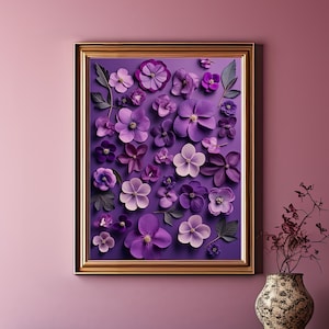 Violet Flowers Poster Print: Monochromatic Art | Flat Lay Flower Print | Floral Wall Decor | Botanical Nature Art | Home Office Decoration