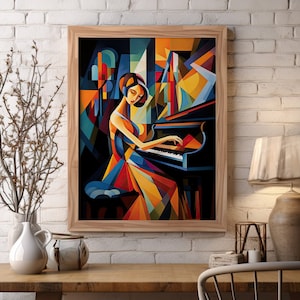 Cubist Art Print for Home Decor | Abstract Pianist in Vibrant Hues | Woman Playing Piano | Gift for Musicians, Music Teachers, Music Lovers