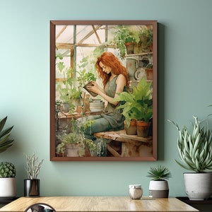 Peut inclure: Une peinture à l'aquarelle d'une femme s'occupant de plantes dans une serre. La femme porte une chemise verte et a les cheveux roux. La serre est remplie de verdure luxuriante et de lumière du soleil.