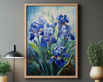 Blaue Schwertlilien Art Print – Realistische Blumen im Jugendstil
