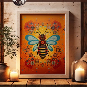 Bienen-Kunstdruck mit Symbol-Mustern | Bauernhaus, Boho oder traditioneller Stil | Mutige lebendige Farben, versteckte Symbole