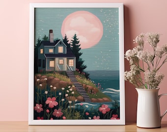 Folk Art Cottage Druck – Mondschein Küstenlandschaft