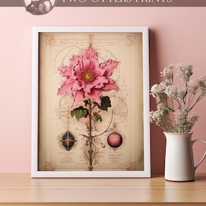 Pink Dahlia on Alchemy Book Page Art Print | Vintage Floral Pattern | Precisionist Style Botanical Painting