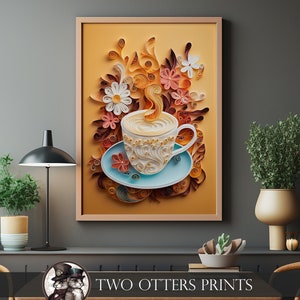 Quilling Coffee Art Print | Earth Tones & Pastel Colors | Calm, Serene Decor for Book Nook