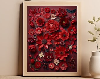 Red Flowers Art Print | Nature-Inspired Floral Flat Lay