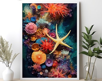 Vibrant Tide Pool Art Print: Oceanic Marine Life Home Decor