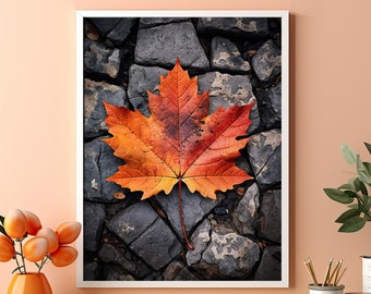 Maple Leaf on Cobblestone Road Art Print | Minimalist Autumn Botanical