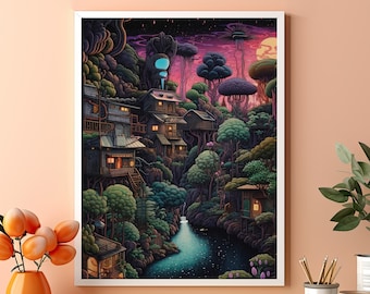 Mystical Cityscapes: Fantasy Art Print  | "Along the Magical River" | Ethereal and Mysterious | Eclectic Home Decor