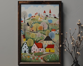 Colorful Spring Trees Hillside Village Fine Art Print| Americana Folk Art Illustration