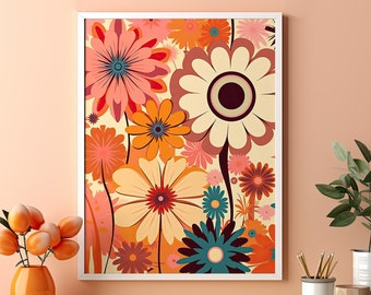 Vibrant Flowers: Graphic Art Print | Original Artwork | Bright and Colorful Retro Floral Design | Botanical Art