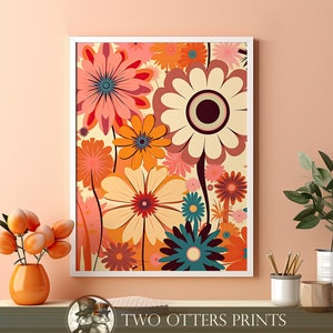 Vibrant Flowers Art Print | Bright and Colorful Retro Floral Design | Cheerful Orange and Pink Floral Botanical Art