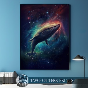 Wal im Weltraum Kunstdruck | Das Leben im Meer trifft die Galaxie | Surreales Tier | Himmlischer Buckelwal