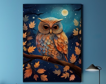 Owl Art Print - Indigo and Gold Autumn Illustration