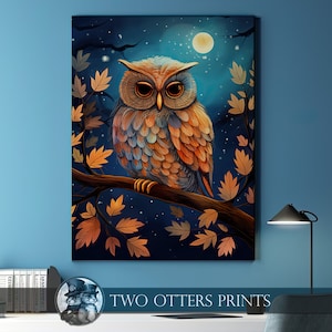 Eule illustriert Art Print für zauberhafte Wohnkultur - Herbstgeflüster: Bezaubernde Herbst Illustration | Indigo und Goldfarben