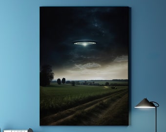UFO Over American Countryside Art Print, Photorealistic Digital Art
