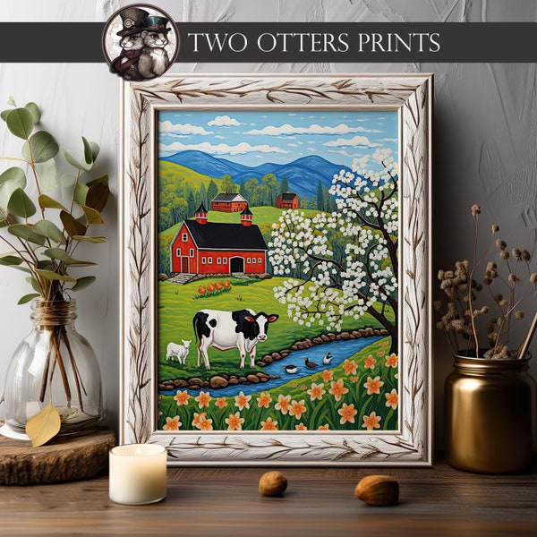 Charming Folk Art Cow Barn Art Print | Barnyard Farmyard Animals | Folk Art Animals | Springtime Scenery