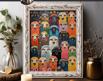 Folk Art Sheep Art Print for a Heartfelt Home Decor | Playful and Vibrant Barnyard Animal Art