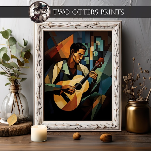 Dynamic Cubism Art Print | Music-Lovers Home Decor | "Harmonious Nocturne" | Musicians and Music Teachers Gift | Abstract Man Playing Guitar