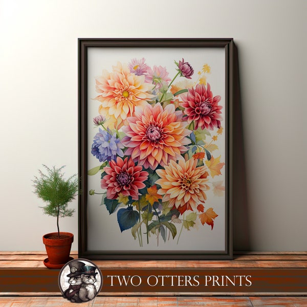 Dahlia Watercolor Art Print | Vibrant Orange, Gold, and Blue Floral Wall Art Design for Home Decor | Botanical Fine Art Print
