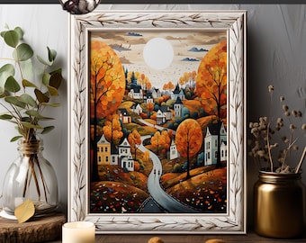 Folk Art Autumn Landscape Print | Americana Fall Leaves Wall Art