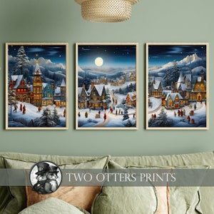 Weihnachtszauber: Folk Art Weihnachtsdorf Drucke | 3er Set Drucke | Triptychon Bilder Set