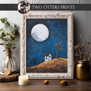 Vollmond Folk Art Cottage Kunstdruck | Nachthimmel über die Steppe | Charmantes Wohndekor