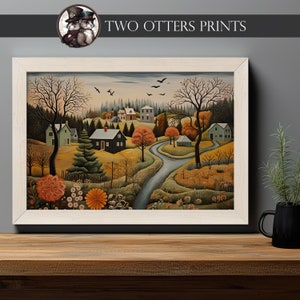 Herbstliches Dorf Kunstdruck | Volkskunst | Kahle Bäume und Kiefern | Herbstfarben