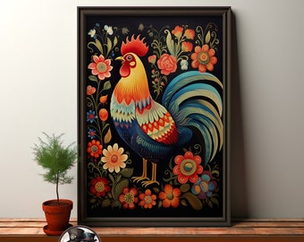 Impression d'art populaire de coq | Décoration de ferme rustique